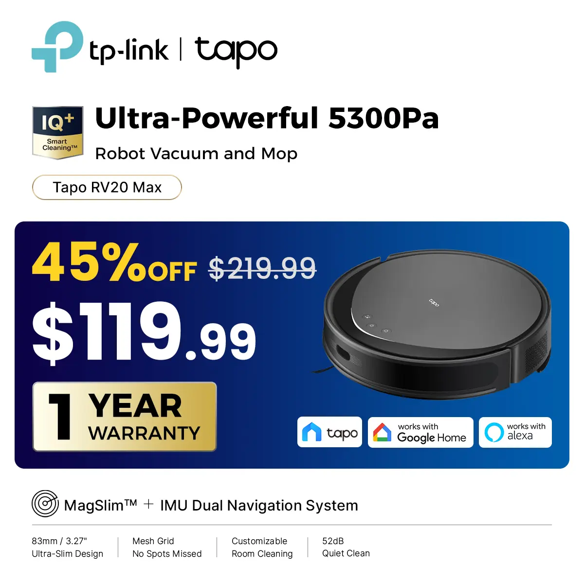 TP-Link & Tapo RV20 Max MagSlim LiDAR Robot Vacuum & Mop – 5300 Pa Hyper-Suction, 3.27" Ultra-Slim , 97 %+ Dust Pickup, Carpet Boost & Avoid, 2D/3D Mapping, Alexa & Google Ready