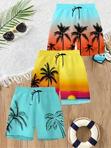 3-piece set, men's fashionable swimming trunks, Swimwear Shorts, shorts, beach shorts, surfing shorts, made of quick-drying fabric, with 3D printed Hawaiian tropical beach and palm tree patterns, suitable for summer wear.