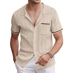 COOFANDY B Men's Short Sleeve Knit Shirts Vintage Button Down Polo Shirt Casual Beach Tops Menswear Soft Breathable Classic Stylish Fashion