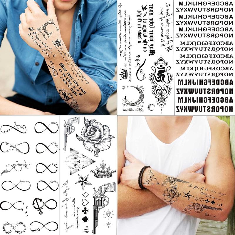 18 Sheets Black Inspired Quotes Temporary Tattoos For Women Kids Children Long Lasting Letter Alphabet Words Fake Tattoo Stickers Birds Cross ECG