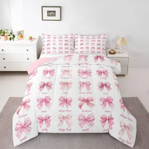 Pink Bow Comforter Set All Season Girls Bow Bedding Set s Cute Bowknot Microfiber Kids Bedclothes Bedroom Decor Duvet Quilt Breathable Soft Lightweight