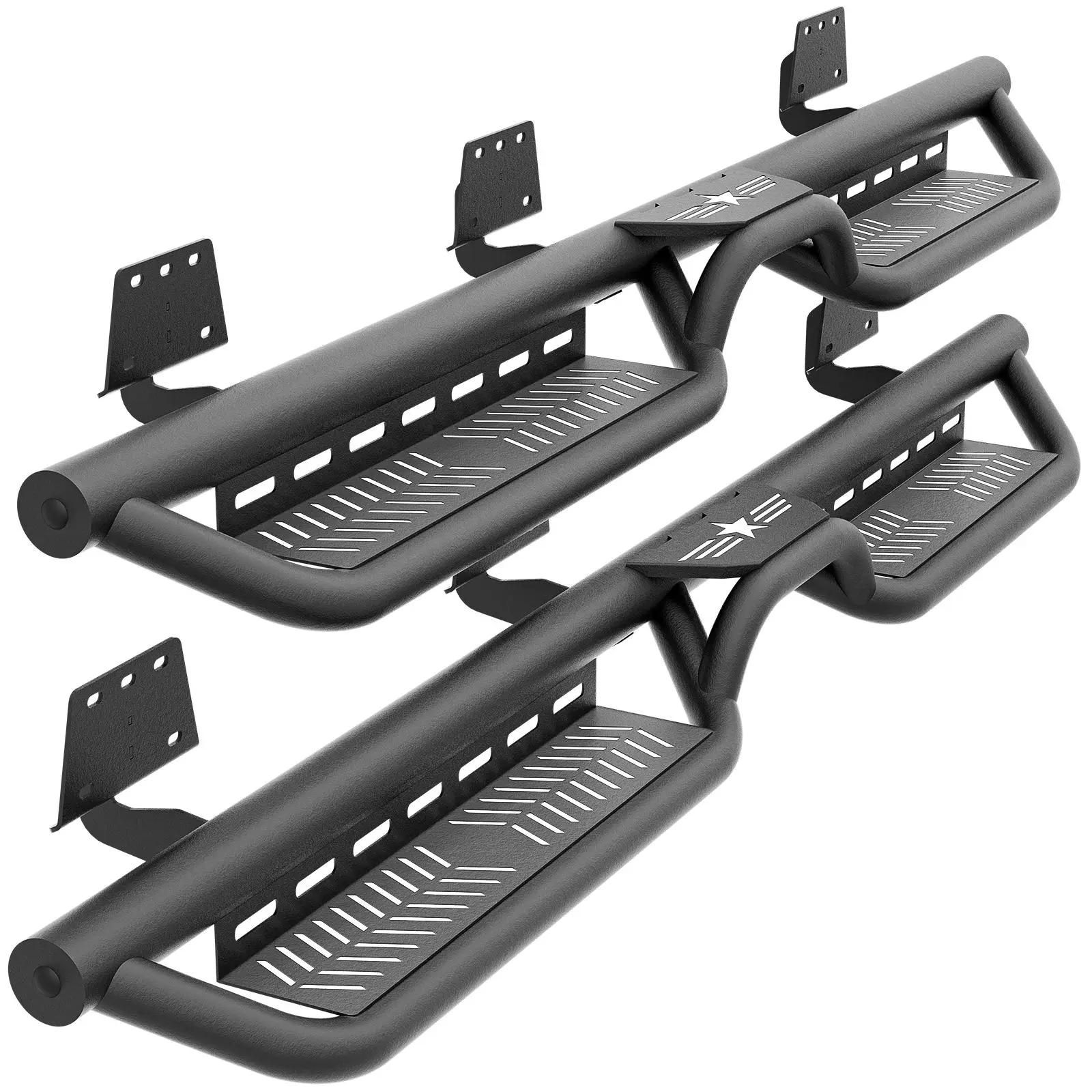 【Yzona】Quad Cab Running Board Side Steps (2 Side Bars) for 2019-2026 Dodge Ram 1500 New Body, Carbon Steel Bolt-On Nerf Bars, 6-Inch Drop-Down Step Pads, Heavy-Duty 2-Stair Design, Black with Star Logo, Easy Installation with Instructions, Installation In