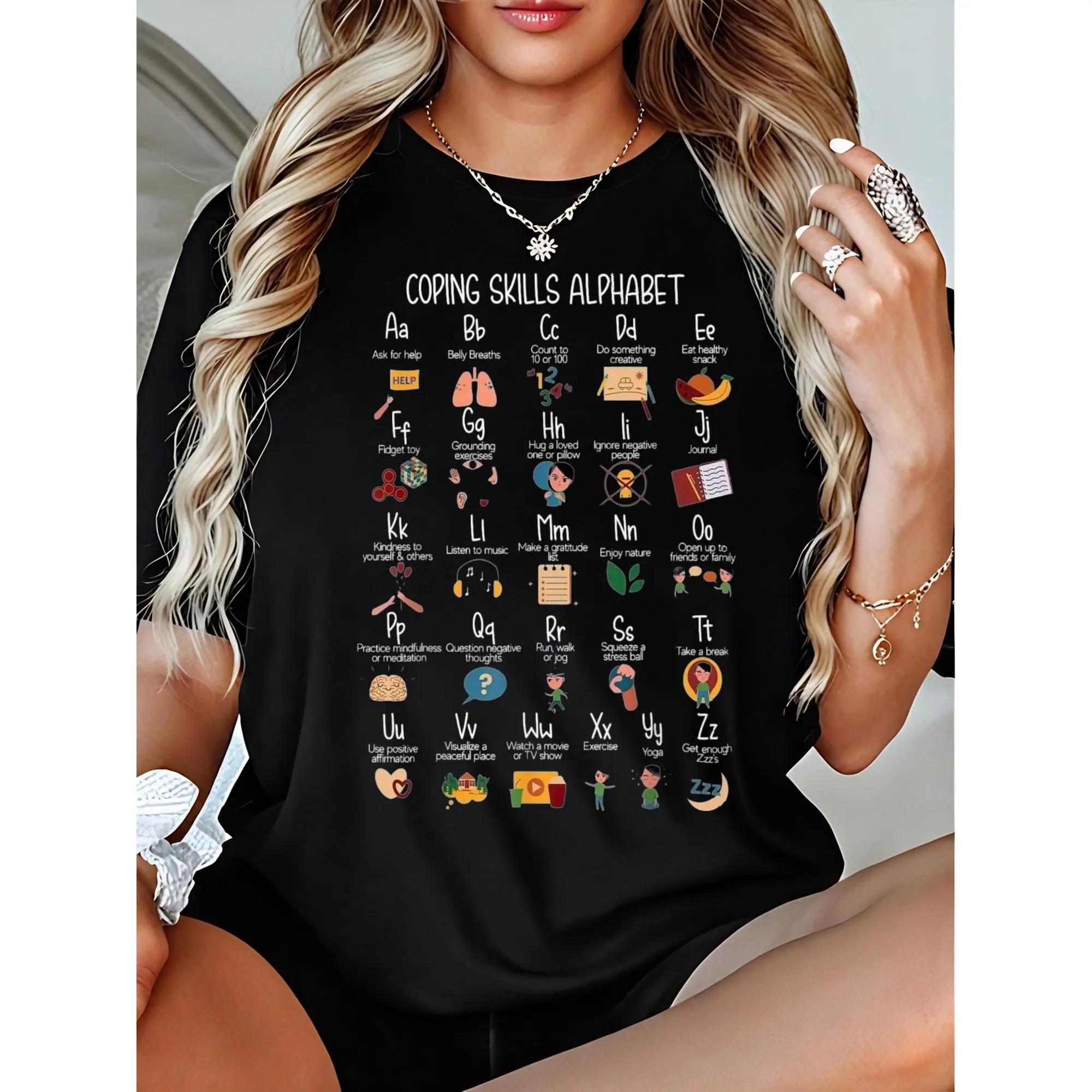 Women's 100% Cotton Round Neck Short-Sleeve Graphic T-Shirt - Mental Health Awareness Alphabet Print, Fitted Casual Clothes, Stylish Tshirt for Daily Wear