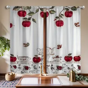 2PC 2D flat print, red apple retro tableware, country style with rod bag design polyester material, suitable for rental houses, living rooms, kitchens, bedrooms, removable machine washable decorative curtains, small window screens, Home Decoration Curtain