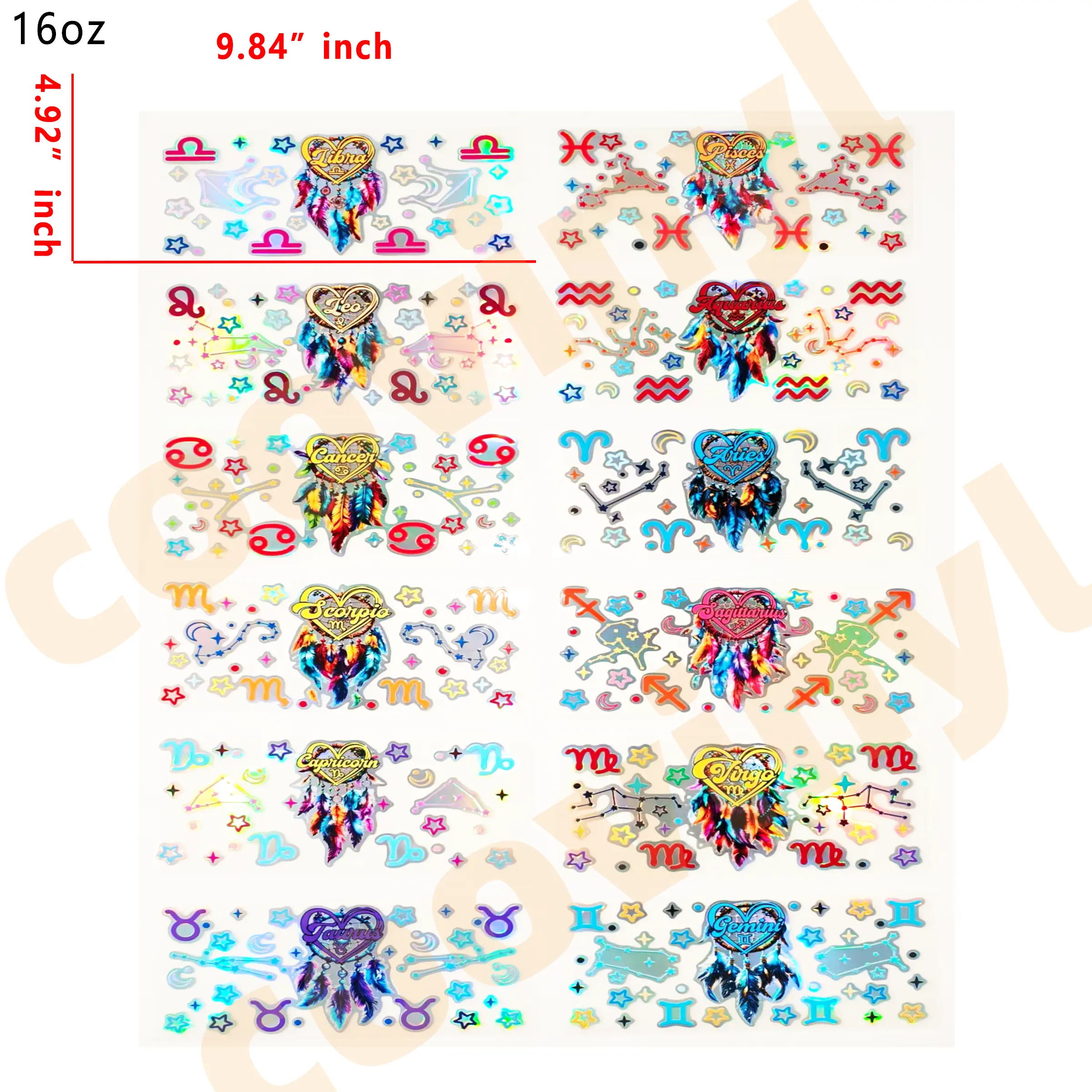 (F22) Holographic 10pcs zodiac dream catcher UV DTF Cup Wraps for 16OZ tumblers Waterproof Acrylic Wraps for Cups Glasses &Smooth Objects Vivid Colors Strong Adhesion CustomizableStickers Decal Sticker Art Crafts Kit
