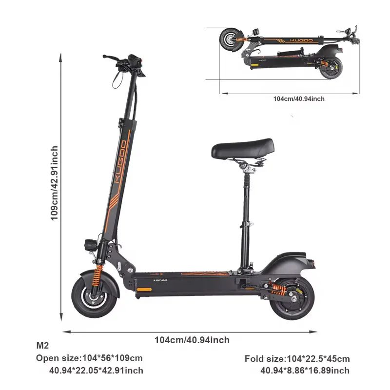 Kugoo M2+ Foldable Electric Scooter with Seat, 350W Motor, 25km Range, 35km/h Max Speed, Double Suspension, Removable Battery Bike