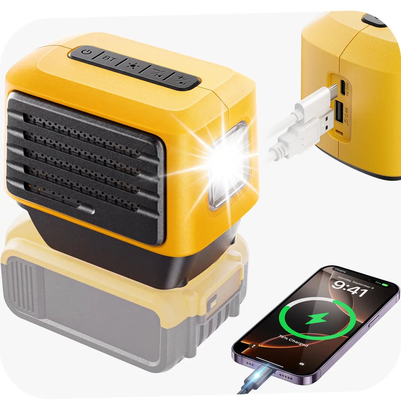 Bluetooth Speaker for Dewalt 20V Battery, BT5.4 Portable Speaker with LED Light & USB-C/A Charging, 164 ft Range Jobsite Wireless Speaker for Workshop, Outdoor, Party (Battery not Included)