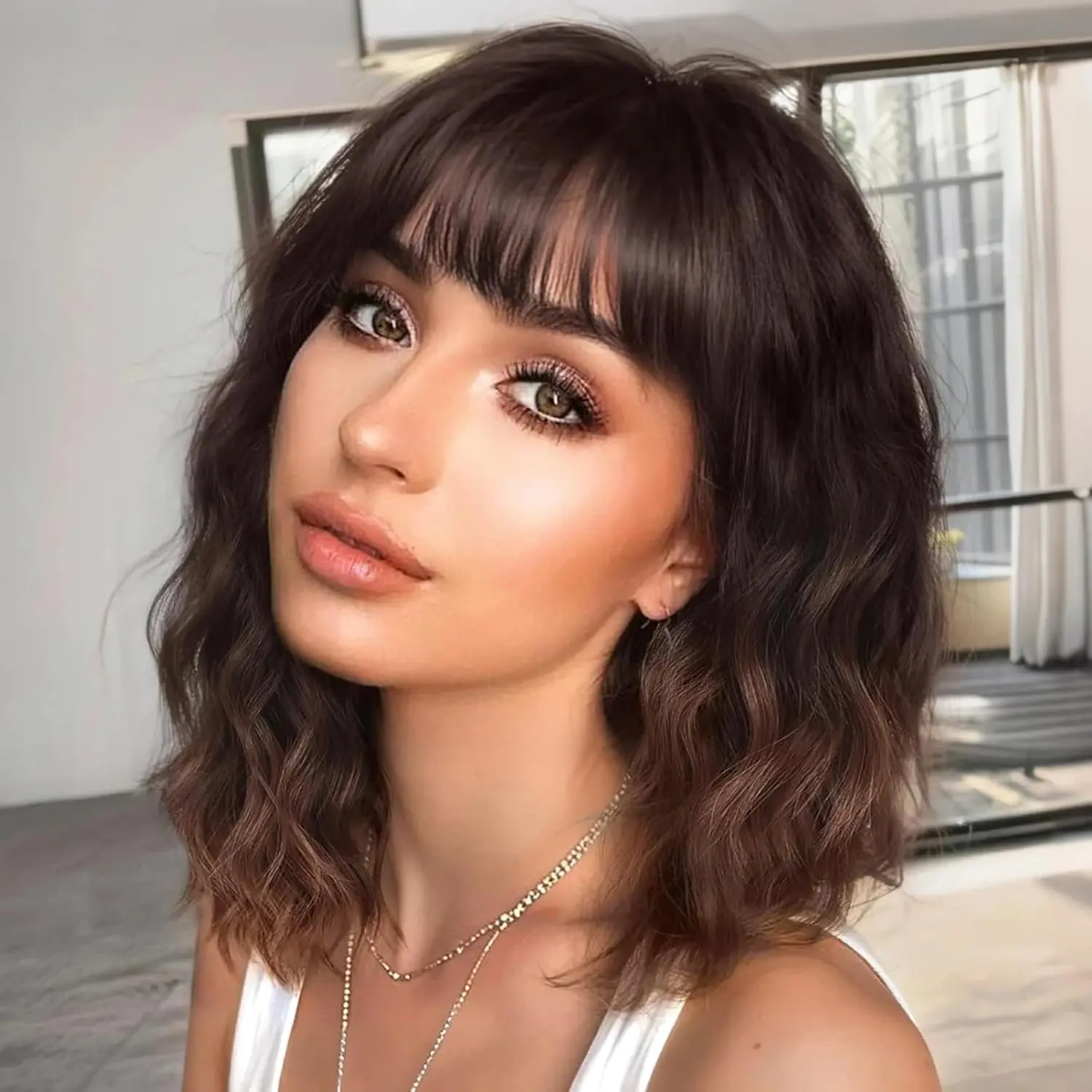 Lativ Ombre Brown Wigs for Women Bob Wig with Bangs Short Curly Wavy Wigs Natural Charming Heat Resistant Shoulder Length Hair for Cosplay Daily Party Use 14 Inches