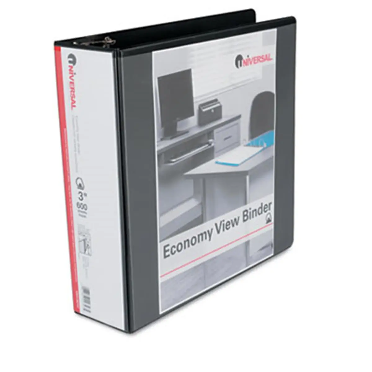 Universal 20747 Economy D-Ring Vinyl View Binder, 3'' Capacity, Black, Fast Access to Contents, Front Cover Folds Back, Note-Taking On-the-Fly, Smooth Page Turning