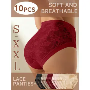 QUASTI 10PCS Sexy Lace Mid Waist Panties Set, Sexy Lace Sheer Skin-Friendly Seamless Briefs for an Elegant, Confident Fit No-Show Everyday Underwear, S-XXL