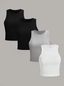 Women's Solid Color Basic Round Neck Short Tank Top, Fabric Tight Fit Casual Sleeveless Top for Summer, Ladies Clothes for Daily Wear, Womenswear