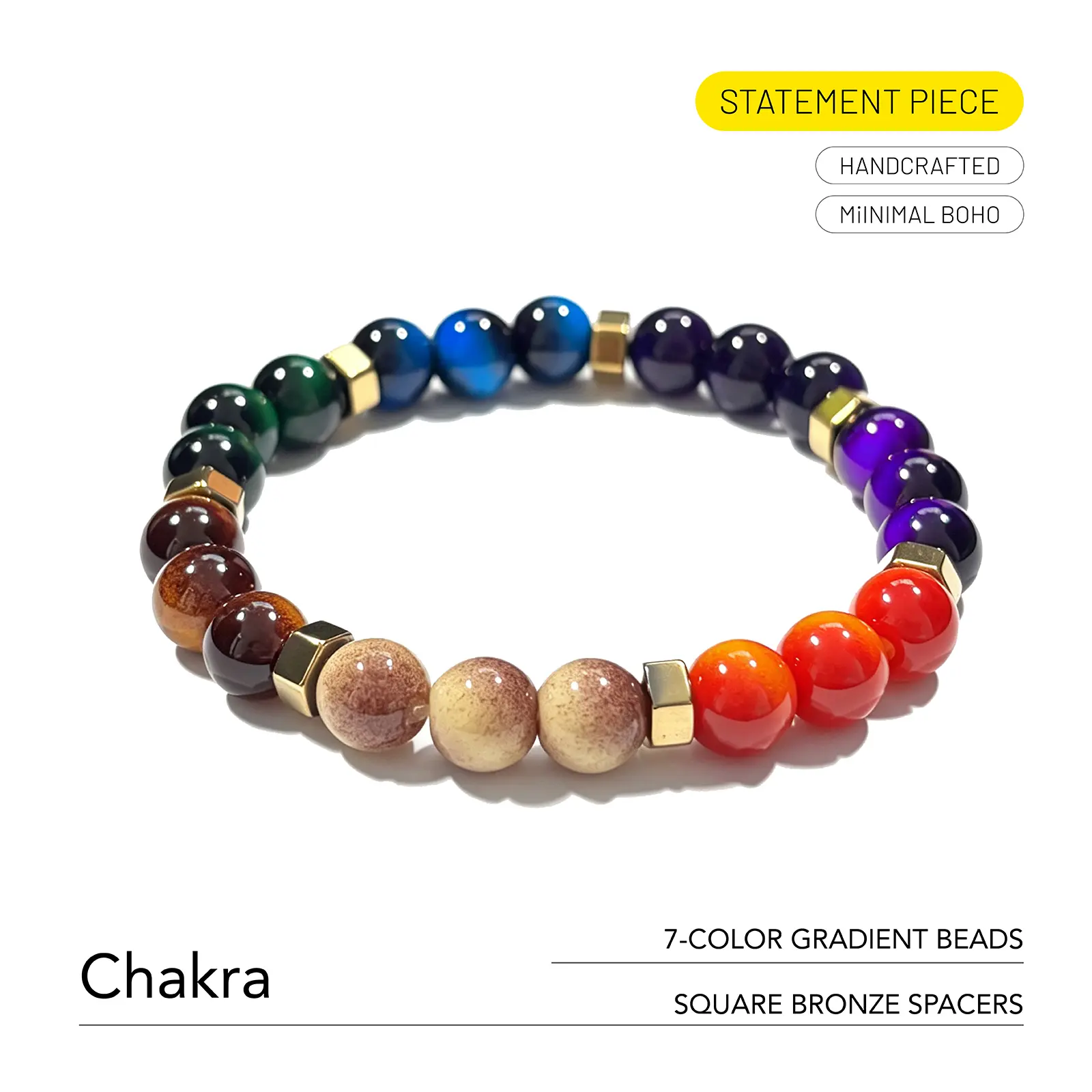 7 Chakra Healing Bracelet｜Stone 7-Color Gradient, Balance & Inner Peace｜Charm Bracelets for Women｜Handcrafted Beads with Bronze Square Spacers｜Yoga, Meditation & Daily Stack, Gift for Her