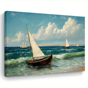 2D Flat, 1 Piece Coastal Sailing Sailboat Painting - Ready-to-Hang Oil Painting on Canvas with Wooden Frame, Blue and White Serene Ocean Ship, Living Room, Bedroom, Kitchen Decoration - Housewarming Festive Wedding Gift (/30x 40cm ), Nautical Style Decora