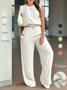 Women's 2-Piece Solid Color Sleeveless Tank Top & Wide Leg Pants Set, Womenswear Matching Casual Fashion Breathable Elastic Adjustable Outfit for Daily Outdoor Wear, Ladies Clothes for Summer