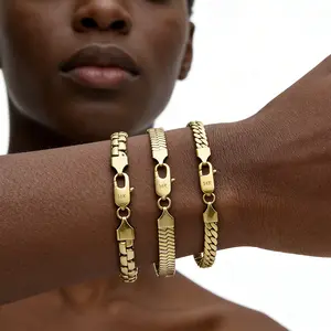 14K Golden-Plated Miami Cuban Link Box Snake Chain Stainless Steel Bracelet Fashion Jewelry For Men Women