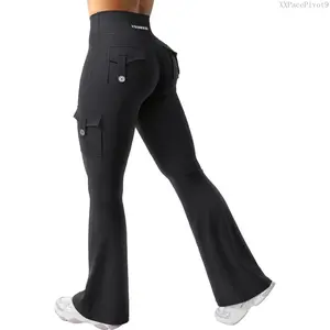 Women Workout Flare Leggings with Pockets Hidden Scrunch High Waisted Cargo Gym Yoga No Front Seam LeggingsXXPacePivot9