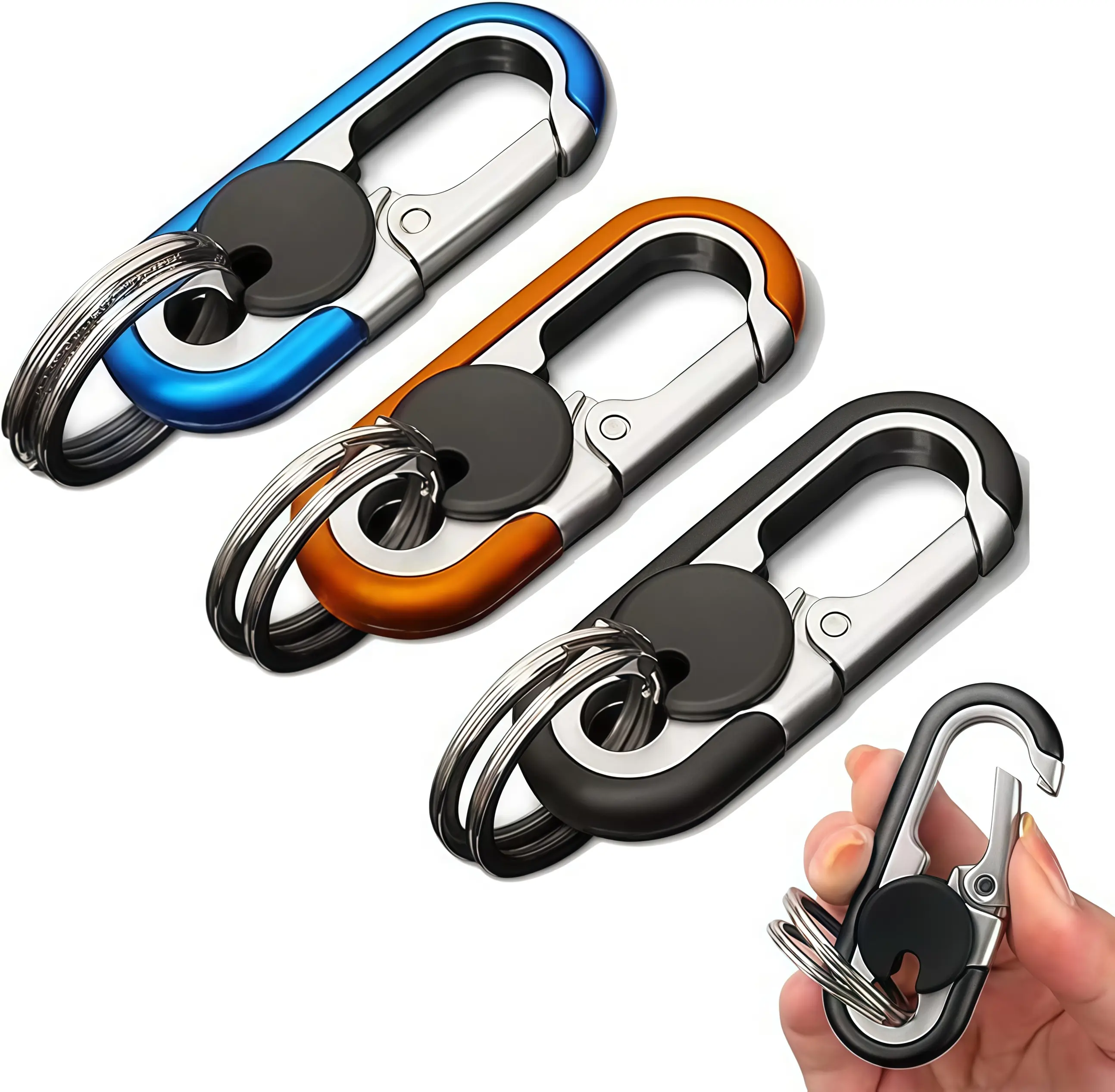 3pcs black aluminum alloy multifunctional mountain climbing buckle keychain double ring portable quick hanging outdoor backpack car anti lost key pendant, lightweight outdoor key holder, mini anti lost men's key hook, durable metal key bracelet