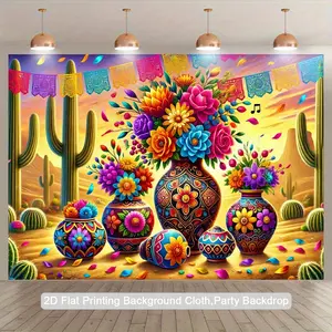 2D Flat, 1pc Vibrant Mexican Fiesta Backdrop with Colorful Flowers & Cacti - Polyester Photography Background for Indoor/Outdoor Parties, Birthdays, Anniversaries - No Electricity Needed, Easy to Hang, Party Decoration | Vibrant Party Decor | Durable