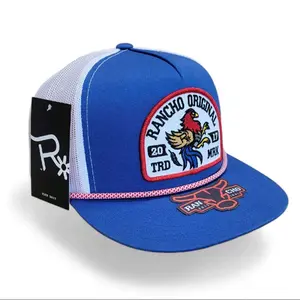 Rancho Original Gallito Western Rope Hat Blue & White Mesh with Colorful Rooster Logo Patch Embroidered in Texas