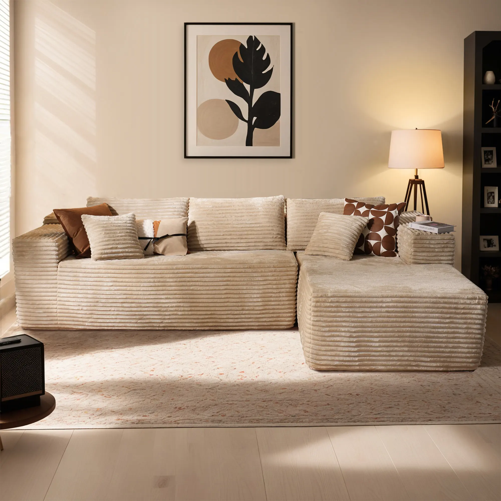 Beige Plush Corduroy Right Chaise| L-Shaped Sofa