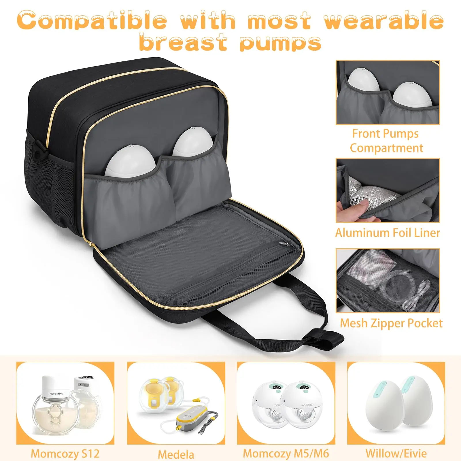 Insulated Breast Pump Bag for Momcozy/Medela/Spectra, Portable Mommy Bag/Breast Milk Cooler Bag with Leakproof Liner, Waterproof Breast Milk Storage Bag