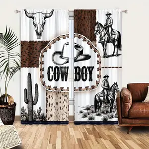 2pcs Window Curtains, A western-themed collage featuring cowboys on horses, a bull skull, cacti, and a 'COWBOY' label with a hat, set against animal print textures.Window Drapes for Bedroom Living Room, Rod Pocket Window Treatment, Home Decoration Curtain