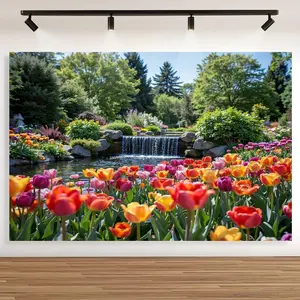 1pc Vibrant Tulip Flower Garden Backdrop - 100% Polyester, No Electricity Needed, Perfect for Outdoor Holiday Wall Decor, Party & Event Background Banner with Lush Greenery & Serene Waterfall Sc