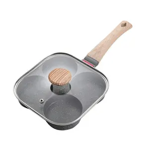 4 Hole Non-stick Egg Frying Pan, 1 Count Egg Pan with Wooden Handle, Egg Frying Cooking Pan with Lid, Aluminum Alloy Cooker for Breakfast, Cookware