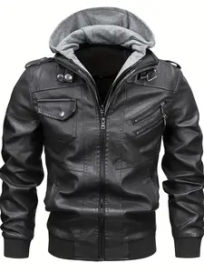 New Men's Hooded Leather Jacket Casual Coat Motorcycle Jacket Suitable for Autumn and Winter Outdoor Wear Menswear Tops Grey Long Sleeve