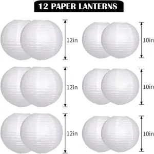 Paper Lanterns Decorative, White Hanging Round Chinese Lanterns with Lights for Wedding Anniversary Birthday Party 12 LED Light Pack of 12 Pink Orange Gold