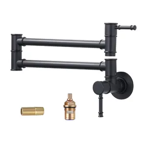 WOWOW Black Wall Mount Pot Filler Faucet Retractable Single Hole Modern Kitchen Faucet Solid Brass Made in-Wall Pot Filler Faucet with Folding Arm