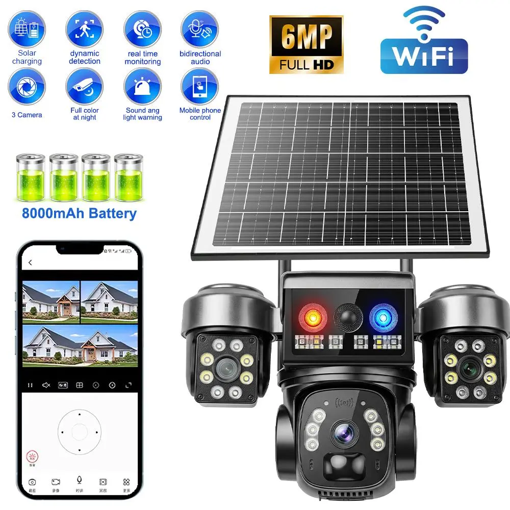 KEPEAK Solar Surveillance Camera Outdoor 6MP, Triple-Lens WiFi PTZ Camera with PIR Human Detection, Color Night Vision, 2-Way Audio, IP66 Waterproof, Speaker, Rechargeable, Memory Card Compatibility, Valentine’s Day Gift Option