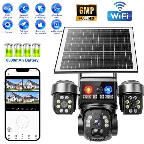KEPEAK Solar Powered Outdoor 6MP Triple-Lens WiFi PTZ Camera Security, Lithium Battery, PIR Human Detection, Color Night Vision, 2-Way Audio, IP66 Weather Resistant, Speaker, Memory Card Compatible, Easy Installation, Valentine’s Day Gift Option