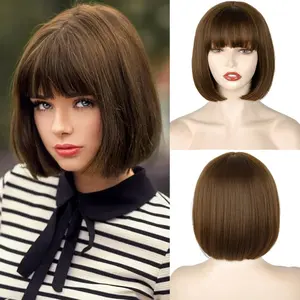 Missqueen Short Brown Bob Wig with Bangs, Women's Brown Straight Bob Wig, Brown Bob Wig Heat Resistant Fiber for Cospaly Velma