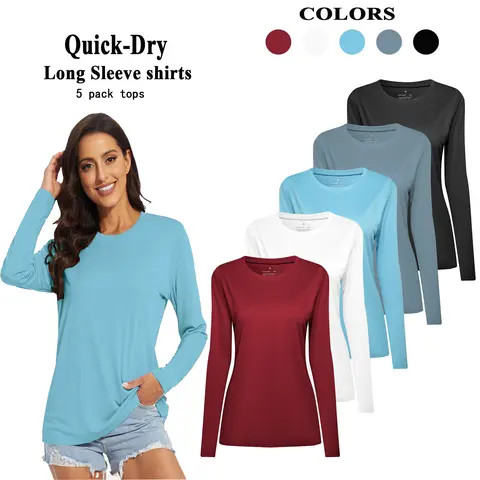 HOPLYNN 5 Pack Women's Crew Neck Casual  Fitness Tennis gym outfits workout clothes women Long Sleeve T-Shirt  gym fits
