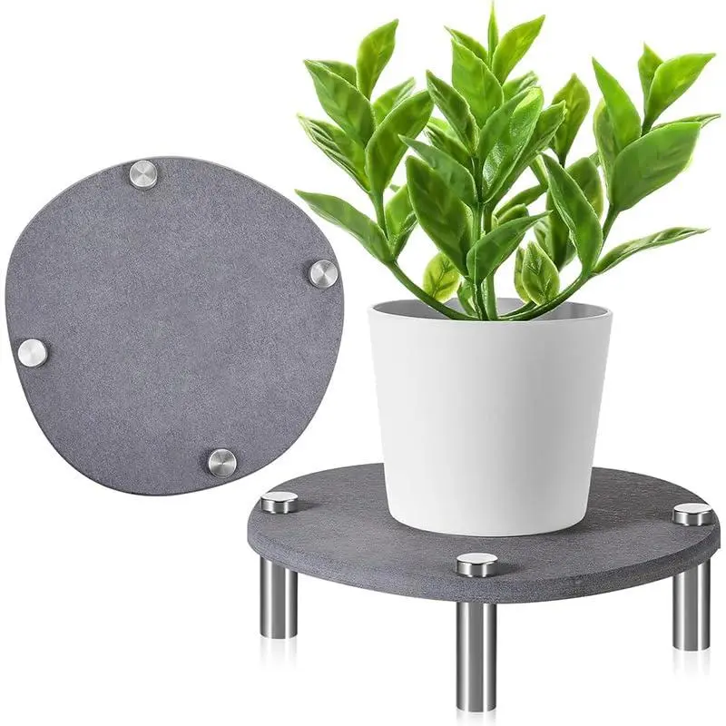 2-Pack Minimalist Round Natural Diatomite Plant Trays, 7.8" Diameter Indoor Plant Saucers with Stainless Legs, Absorbent Quick-Dry No-Hole Water Catchers for Room Decor, Gray