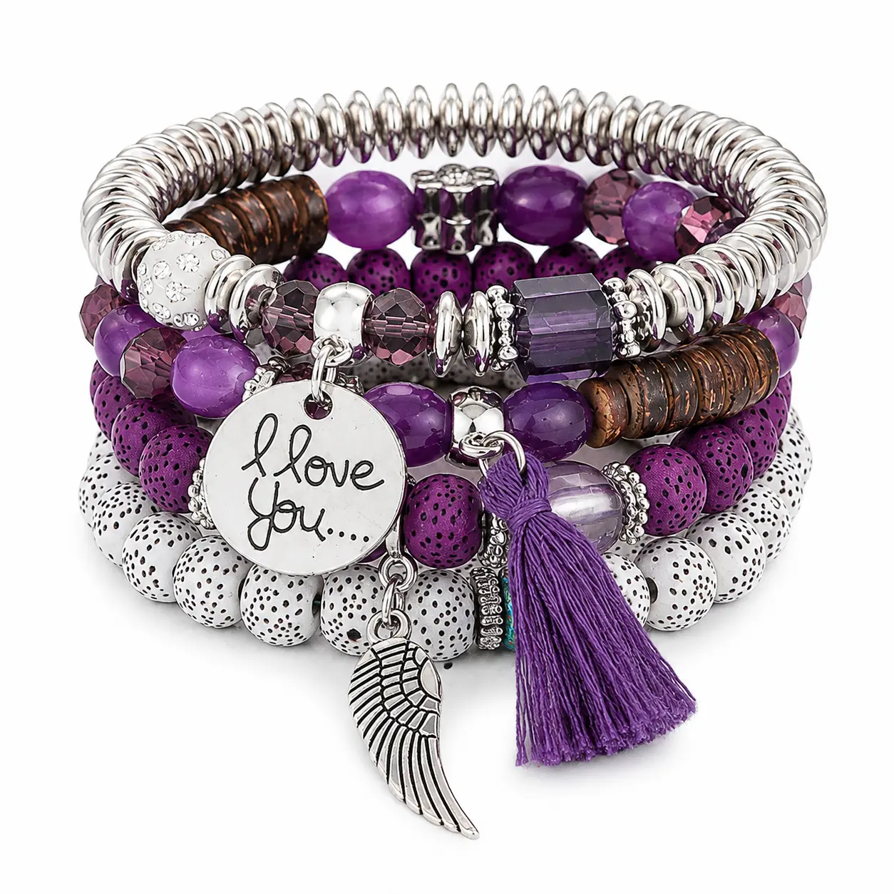 Boho Angel Wing Protection Bracelet Set, 4 Pcs Stackable Purple Tassel, Spiritual Healing Friendship Gift Jewelry good fortune daily clothing decor money attraction bracelet