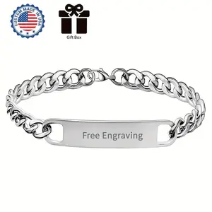 Personalized ID Bracelet For Men Women Stainless Steel Cuban Curb Link Chain Custom Engrave Bar Bracelet Bangle, 10mm Width, 20-22CM, Send Gift Box, Father'S Day Gift