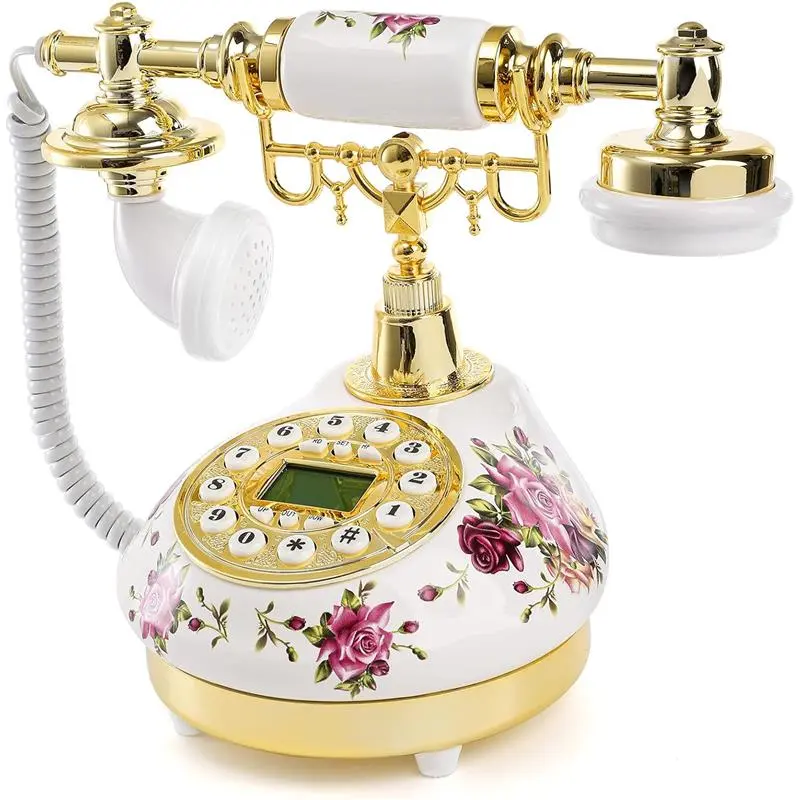 Retro Phone Home Decore, Ceramic Telephone with LCD, Old Fashioned Telephones with Push Button Dial for Home Decor