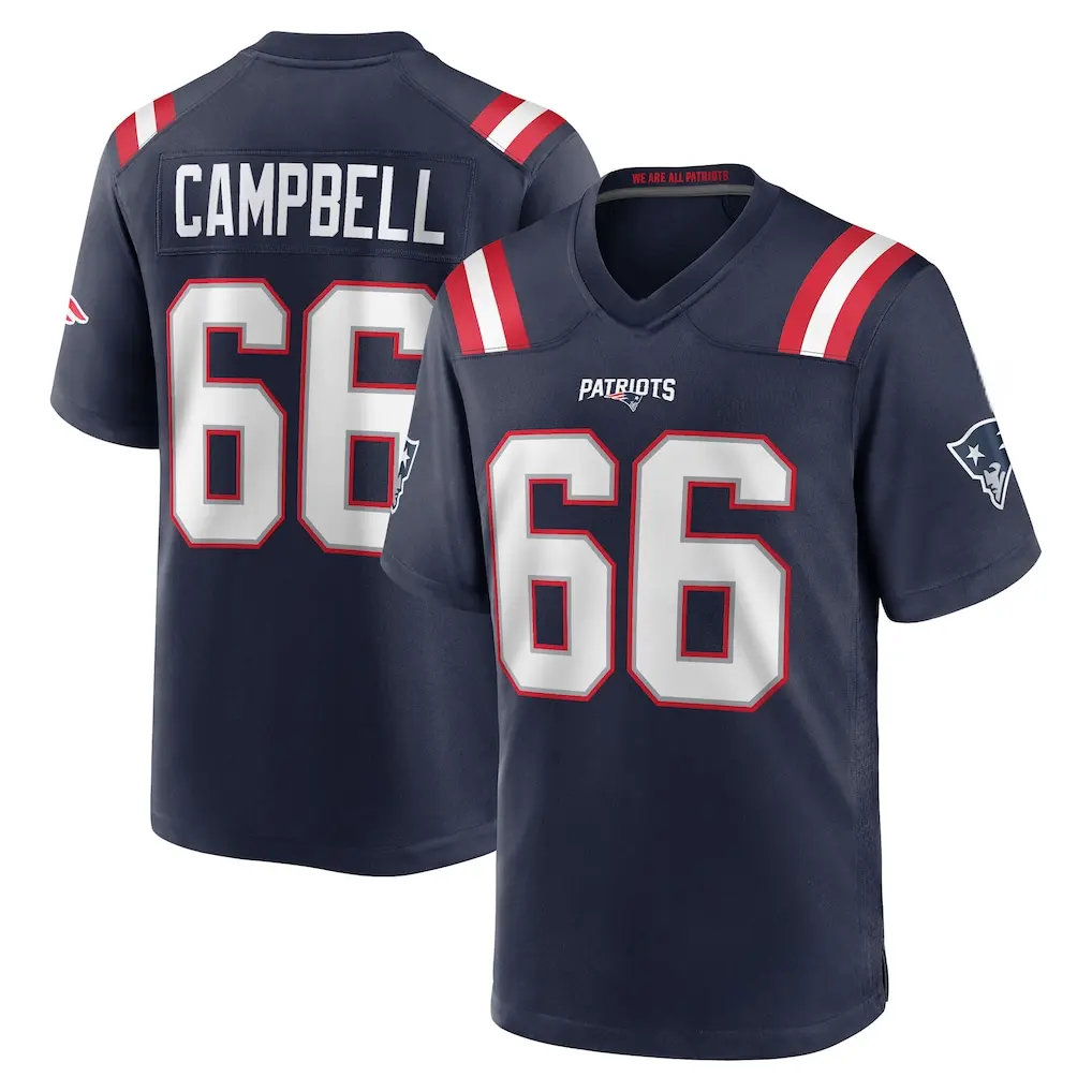 Full Print Campbell #66 Football Jersey, New England Navy American Football Jersey, V Neck Short Sleeve Athletic Shirt, Breathable Game Day Football Top, Football Season Fan Apparel, Player Name Number Jersey, Unisex Sportswear