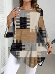 Women's Fashion Plus Size Geometric Print Round Neck Asymmetric Hem, Loose Knit Casual Three-Quarter Sleeve Top, Daily Wear Comfortable Clothing