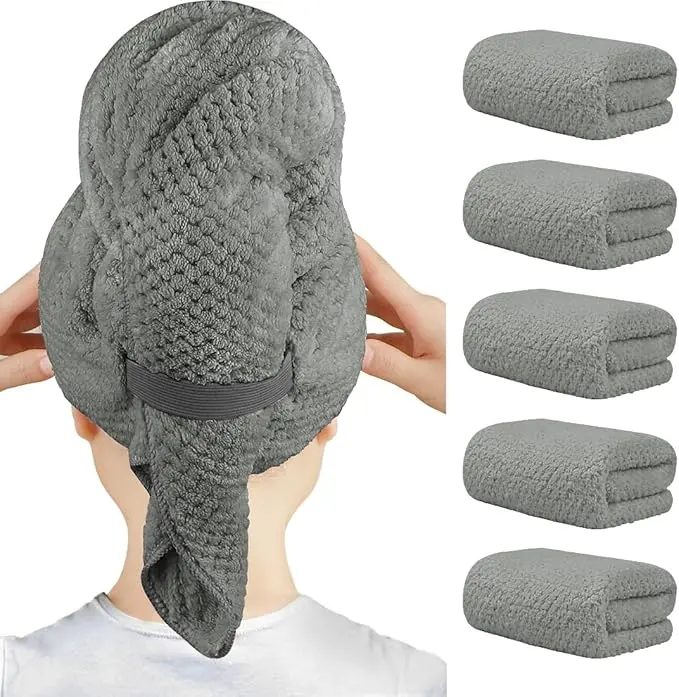 Women's 5pcs Microfiber Hair Towel Wrap Pack - Lightweight, Super Soft, Fast Drying Turban for Long Hair - 40x20in Anti-Frizz Wrap with Elastic Strap, Button Closure