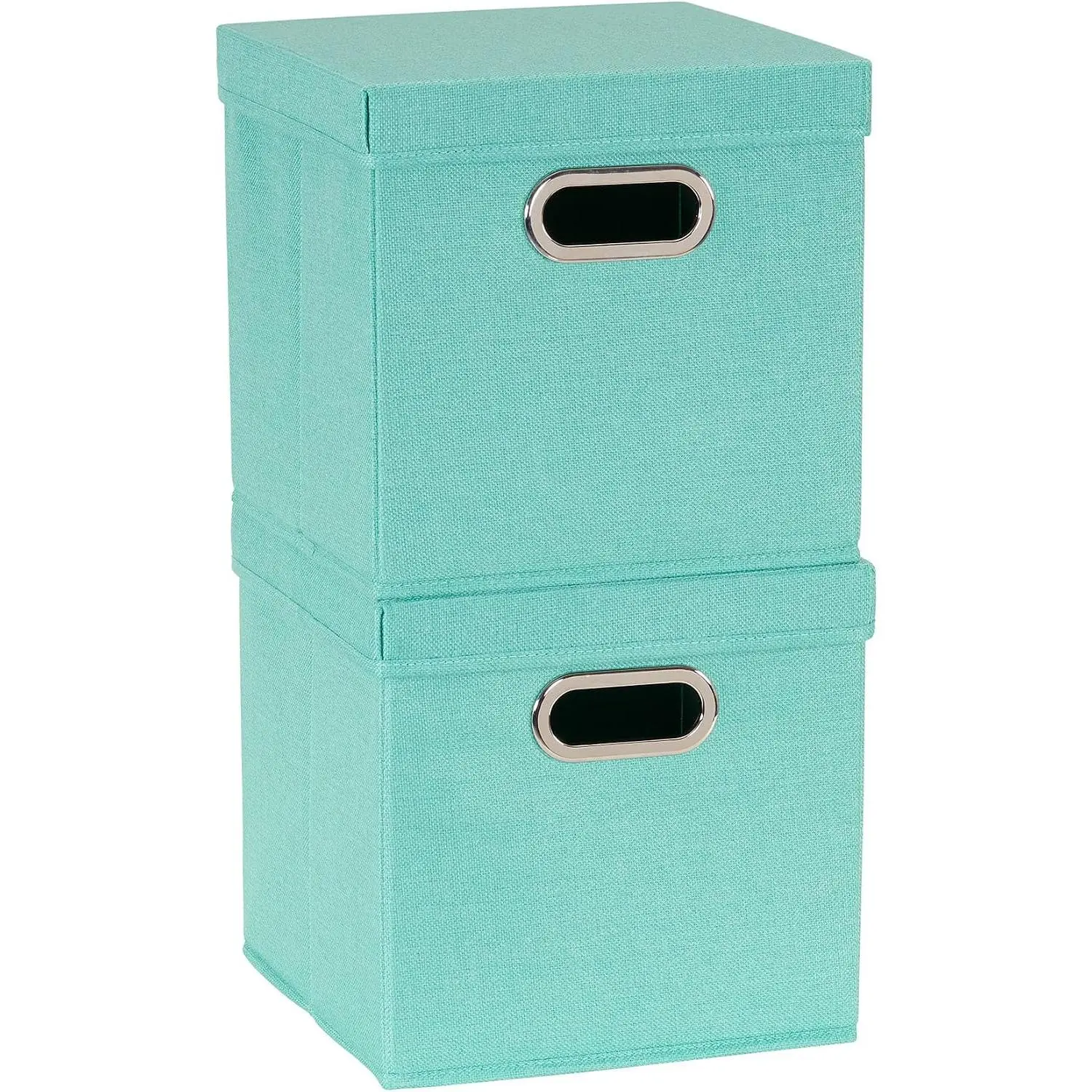 Household Essentials Collapsible Cotton Blend Cube Storage Box with Lid and Metal Grommet Handle, Set of 2, Green