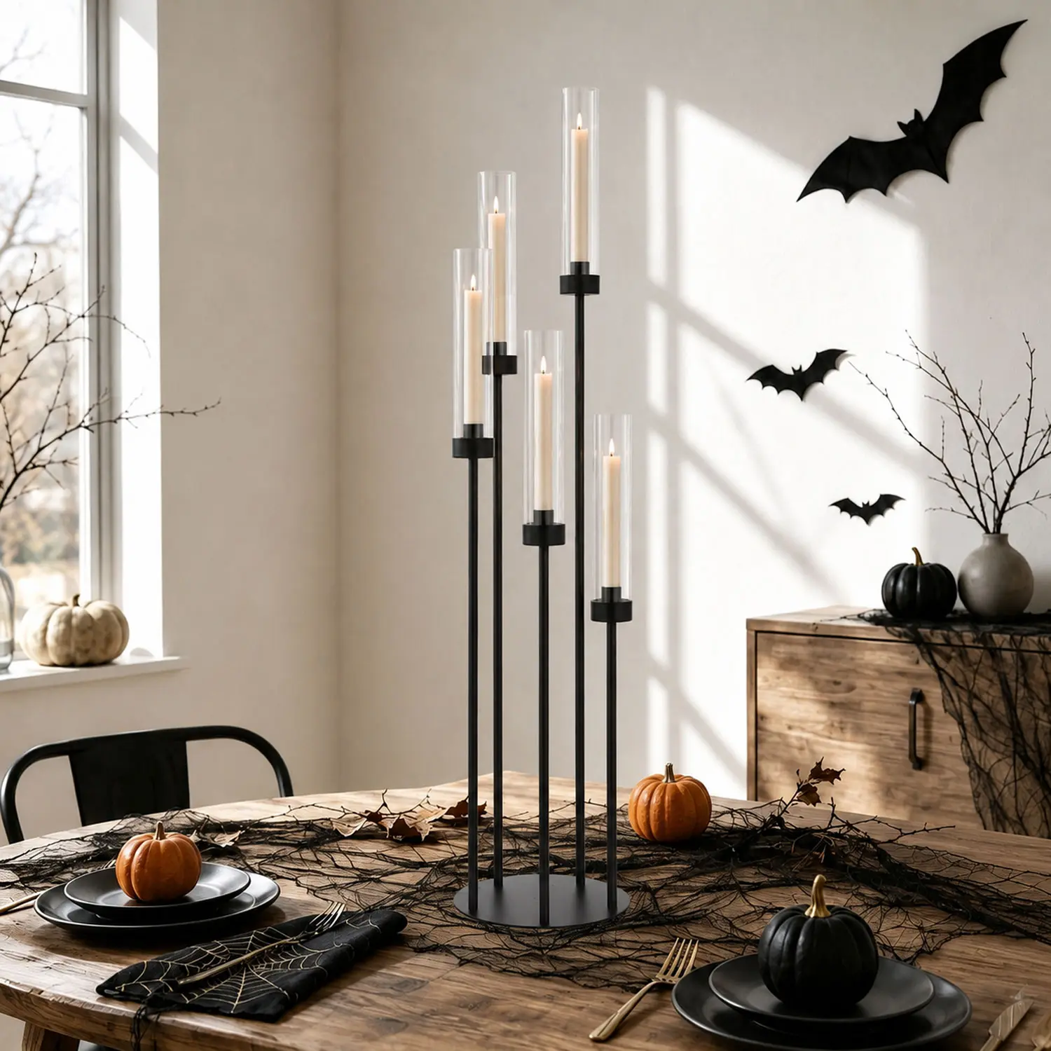 VINCIGANT 39.8" Matte Black Metal 5-Arm Candelabra with Removable Acrylic Shades, Tall Floor Candle Holder for Wedding, Halloween Home Decoration Party Supplies