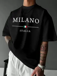 Milan Graphic Print T-Shirt, Women's Fashion Street Style Round Neck Short Sleeve Loose Fit, Men's Streetwear Top Without Zipper