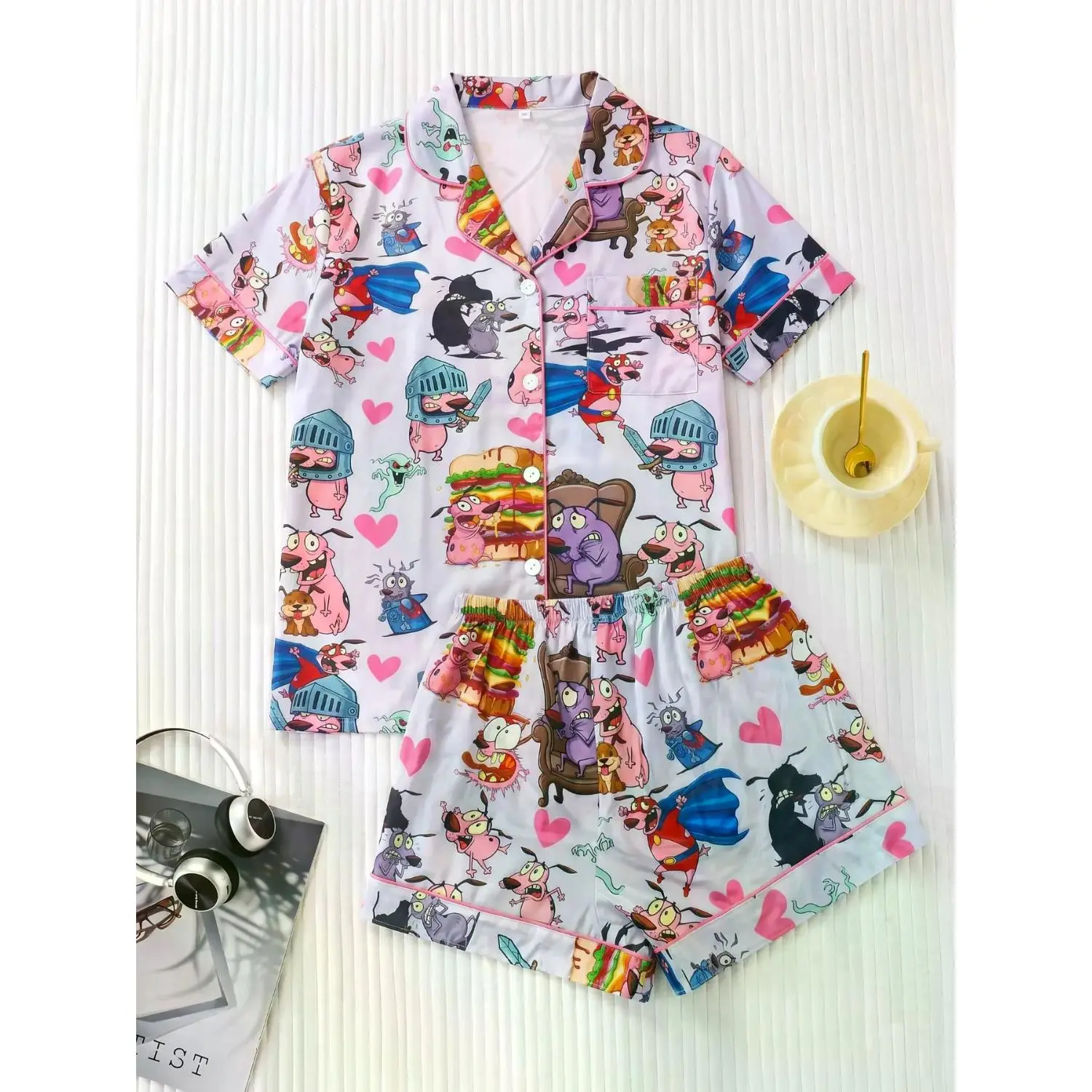 Cartoon Print Women's Pajama Set - 2 Piece: Short Sleeve Button-Up Top & Loose Shorts, Adorable All-Season Loungewear Sleepwear