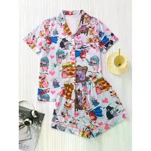 Cartoon Print Women's Pajama Set - 2 Piece: Short Sleeve Button-Up Top & Loose Shorts, Adorable All-Season Loungewear Sleepwear