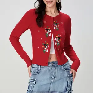 Christmas Women Knit Cardigan Long Sleeve Button Closure Embroidery Snowman Tree Casual Sweater Knitwear Light Fit Womenswear Knitting