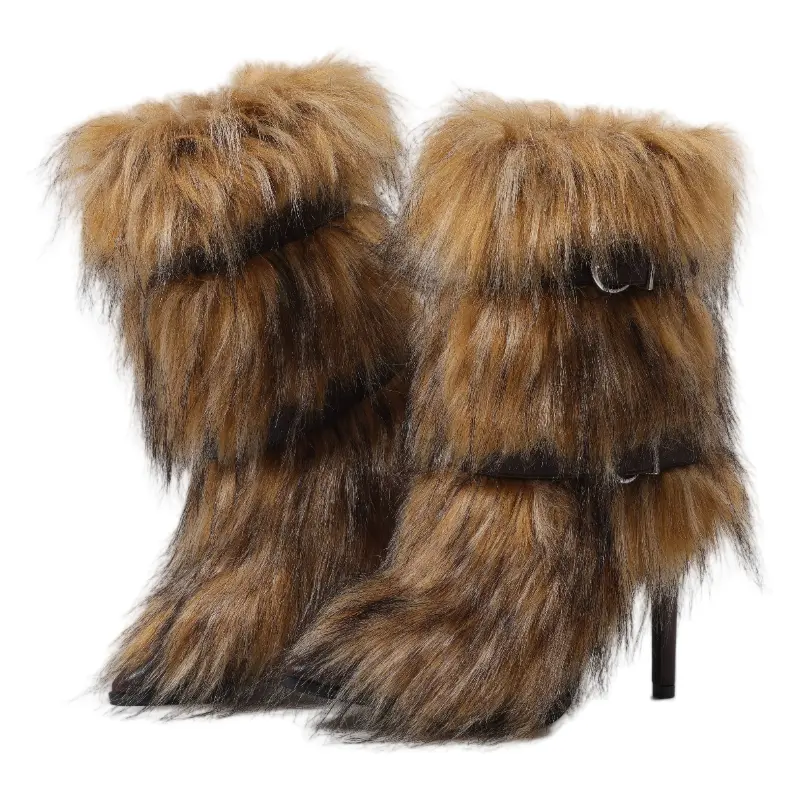 Women's Warm Winter Snow Stilettos Boots Mid-Calf Pointed Toe Furry High Heeled Christmas Holiday Boots Brown Fashionable Walking Shoe