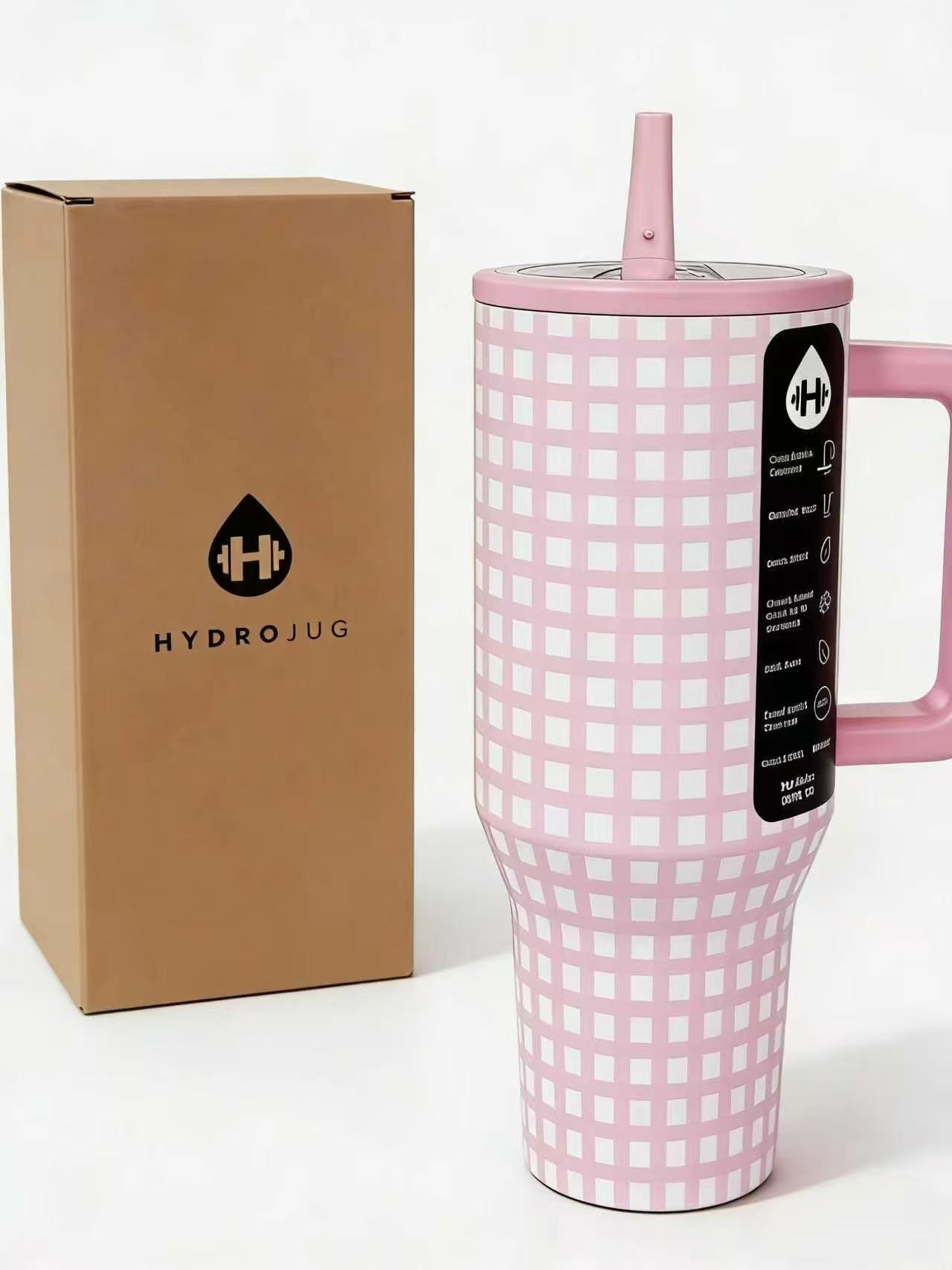 HydroJug 40oz Pink Gingham Tumbler Leak-Proof BPA-Free Stainless Steel Insulated Portable Washable Reusable Cup Mug with Lid and Straw for Daily Hydration Bottle Drinkware Flasks Bottled
